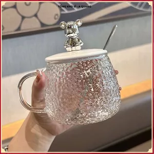 Cốc thủy tinh NẮP GẤU (G3) dễ thương 450ml có thìa - cốc đựng nước thủy tinh