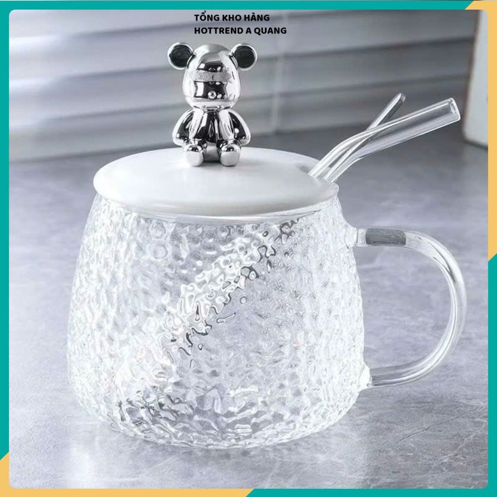 CỐC GẤU THỦY TINH nhiệt chống nứt 500ml – Nắp hình gấu ngộ nghĩnh, muỗng tiện lợi, phù hợp phong cách sống tối giản hiệ