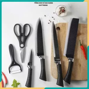 SÉT DAO NHẬT 6 MÓN THIẾT KẾ LƯỠI SÓNG - Bộ Dao Nhật 6 Món Lưỡi Sóng Nhà Bếp Cao Cấp,Bộ Dao Kéo Chất Liệu Hợp Kim An Toàn