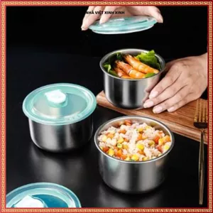 INOX 304 ĐỰNG THỰC PHẨM CÓ NẮP ĐẬY TIỆN LỢI, Khay Tròn Bền Đẹp, Dễ Dùng Cho Gia Đình