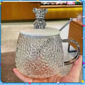 CỐC THỦY TINH NẮP GẤU CAO CẤP, Ly Uống Trà Cà Phê Tiện Dụng, Thiết Kế Dễ Thương