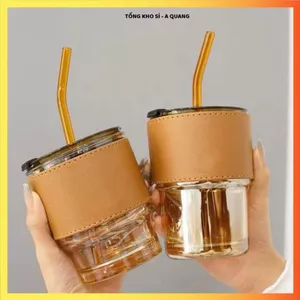 CỐC THỦY TINH GIỮ NHIỆT BỌC DA CAO CẤP - Ly Có Nắp Và Ống Hút Thủy Tinh Tiện Lợi,Thiết Kế Sang Chảnh Dùng Uống Cafe