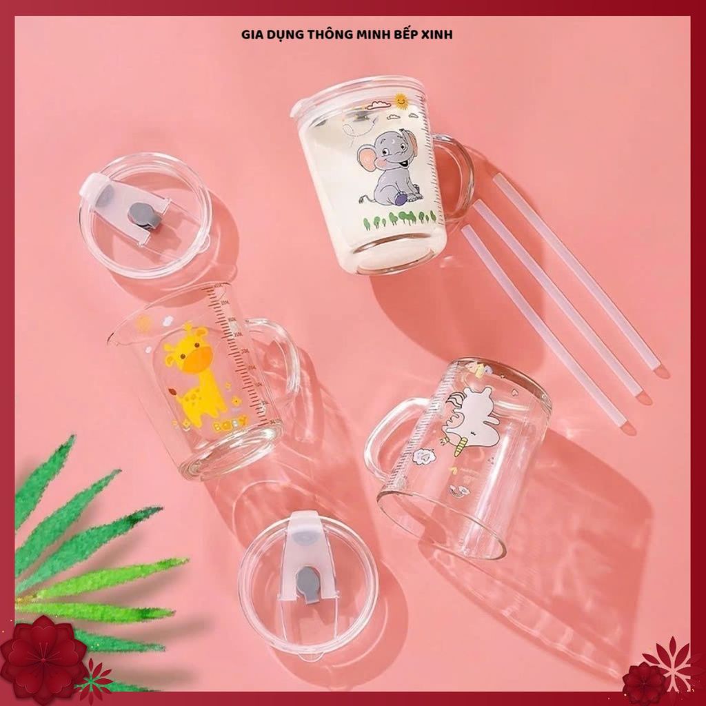 CỐC THUỶ TINH CHIA VẠCH PHA SỮA CHO BÉ - Ly Tập Uống Cho Bé Có Tay Cầm Cao Cấp,Thiết Kế Dễ Thương Hỗ Trợ Bé Tự Uống