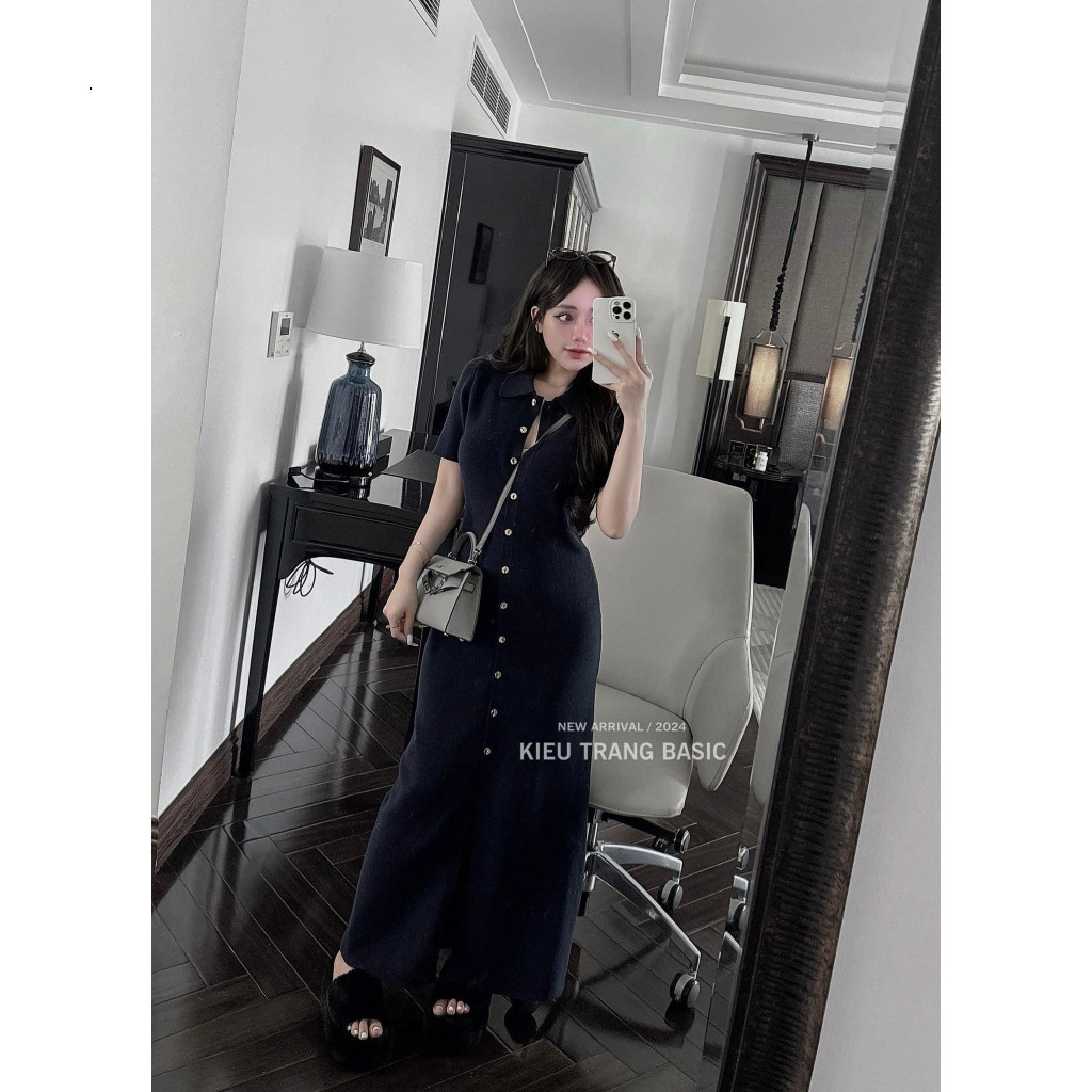 Váy maxi dáng dài cổ polo đính cúc dọc thân chất len dệt kim tăm ôm body tôn dáng phong cách Hàn Quốc HCOM3568