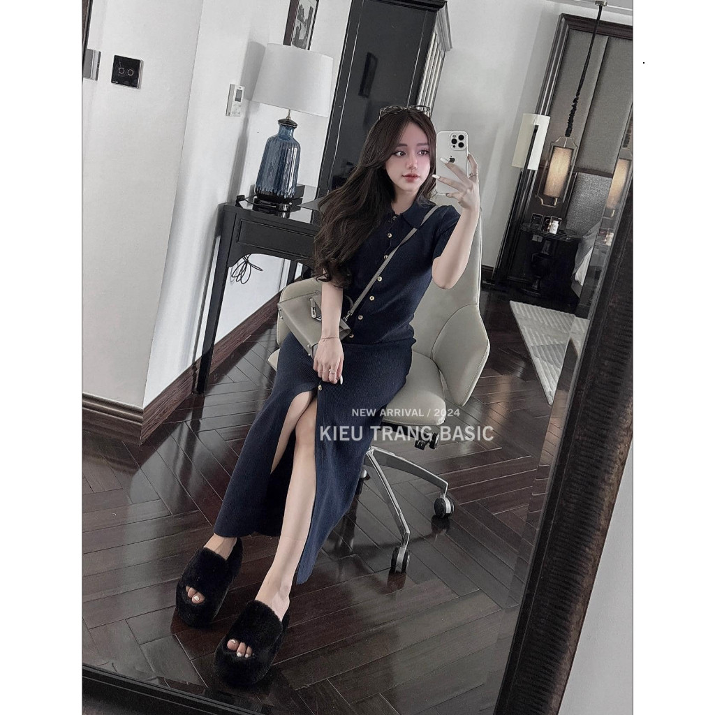 Váy maxi dáng dài cổ polo đính cúc dọc thân chất len dệt kim tăm ôm body tôn dáng phong cách Hàn Quốc HCOM3568