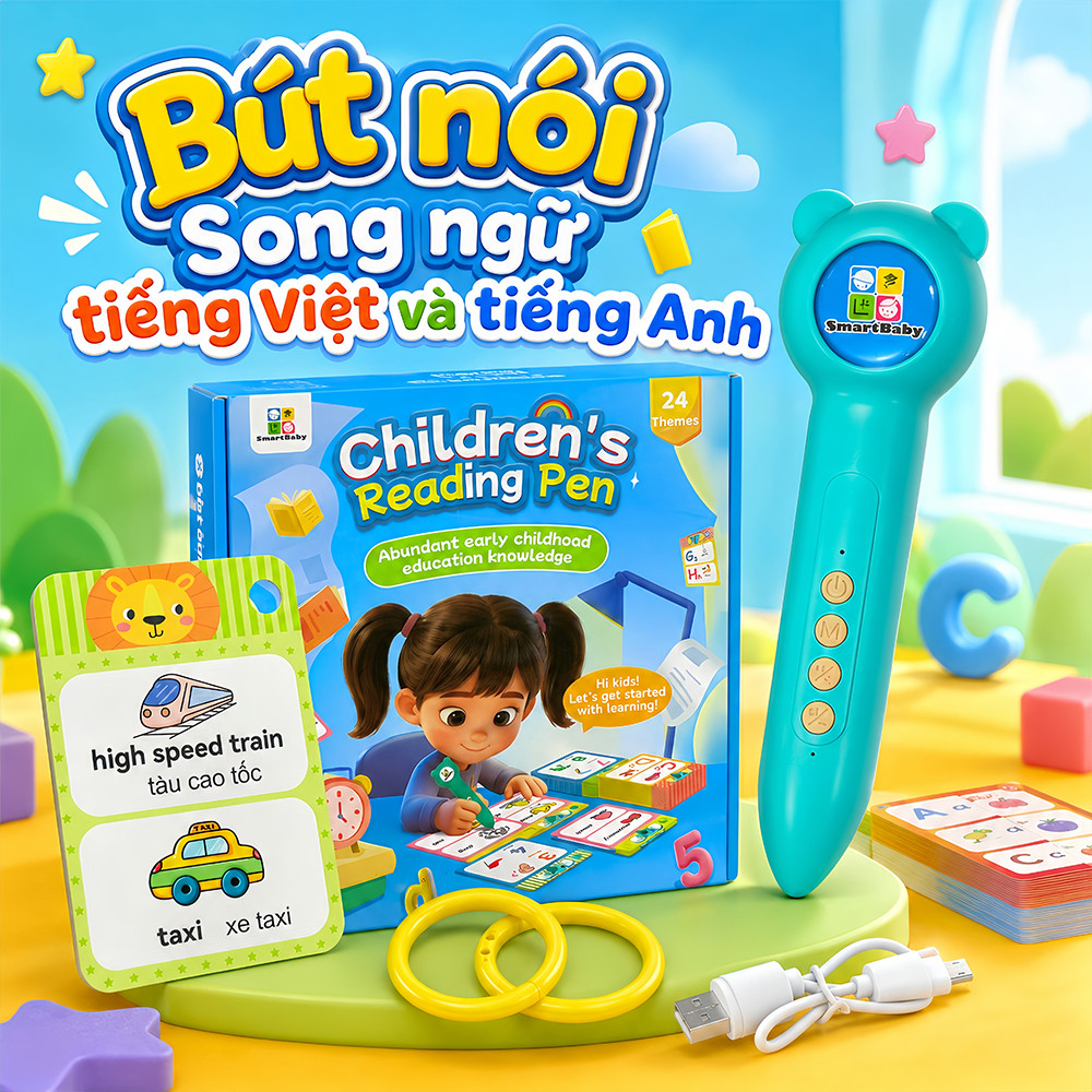 Bút chấm đọc cho bé 3-10 tuổi - 1 bút dùng được 3 cách: đọc sách + chấm thẻ + nghe nhạc, đồ chơi thông minh cho bé