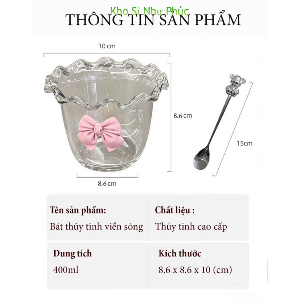 Bát Ly Thuỷ Tinh Viền Sóng Kèm Nơ và Thìa Gấu Siêu Xinh