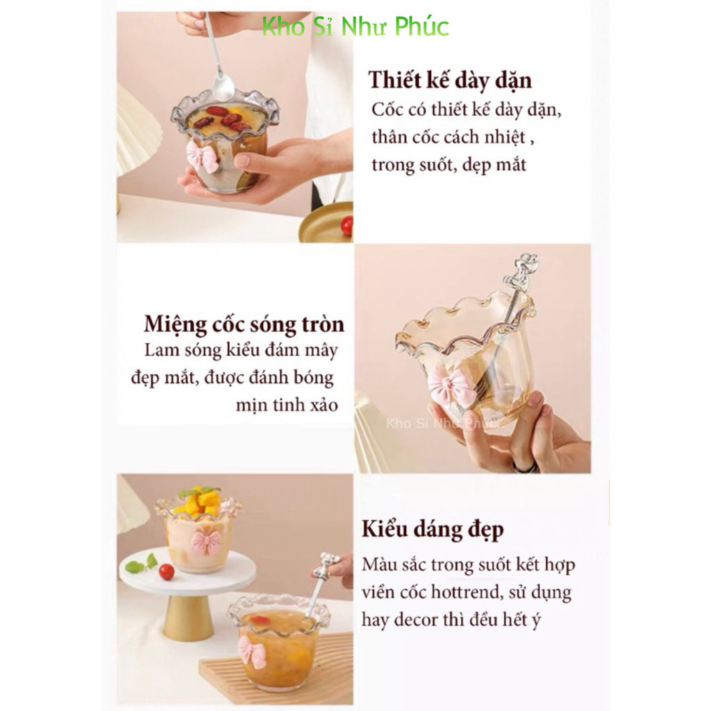 Bát Ly Thuỷ Tinh Viền Sóng Kèm Nơ và Thìa Gấu Siêu Xinh