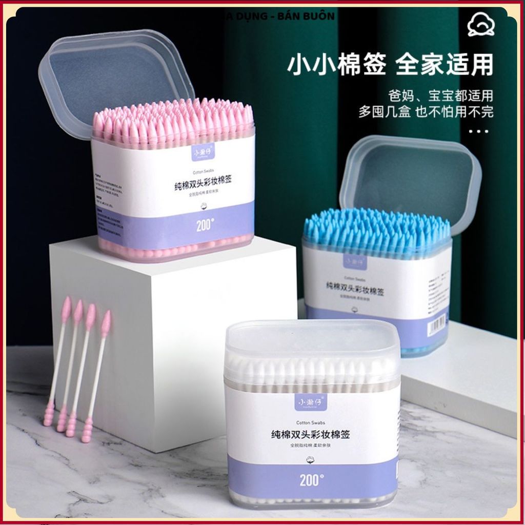 (COMBO 5) HỘP 200 QUE TĂM BÔNG NGOÁY TAI 2 ĐẦU XANH HỒNG - Bông Ráy Tai Mềm Mại, Tăm Bông Vệ Sinh Cá Nhân