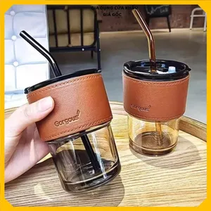 CỐC THỦY TINH BAO DA NÂU CAO CẤP - Ly Bọc Da Uống Nước Có Nắp Ống Hút,Ly Cafe Pha Sữa Thủy Tinh Chống Nóng
