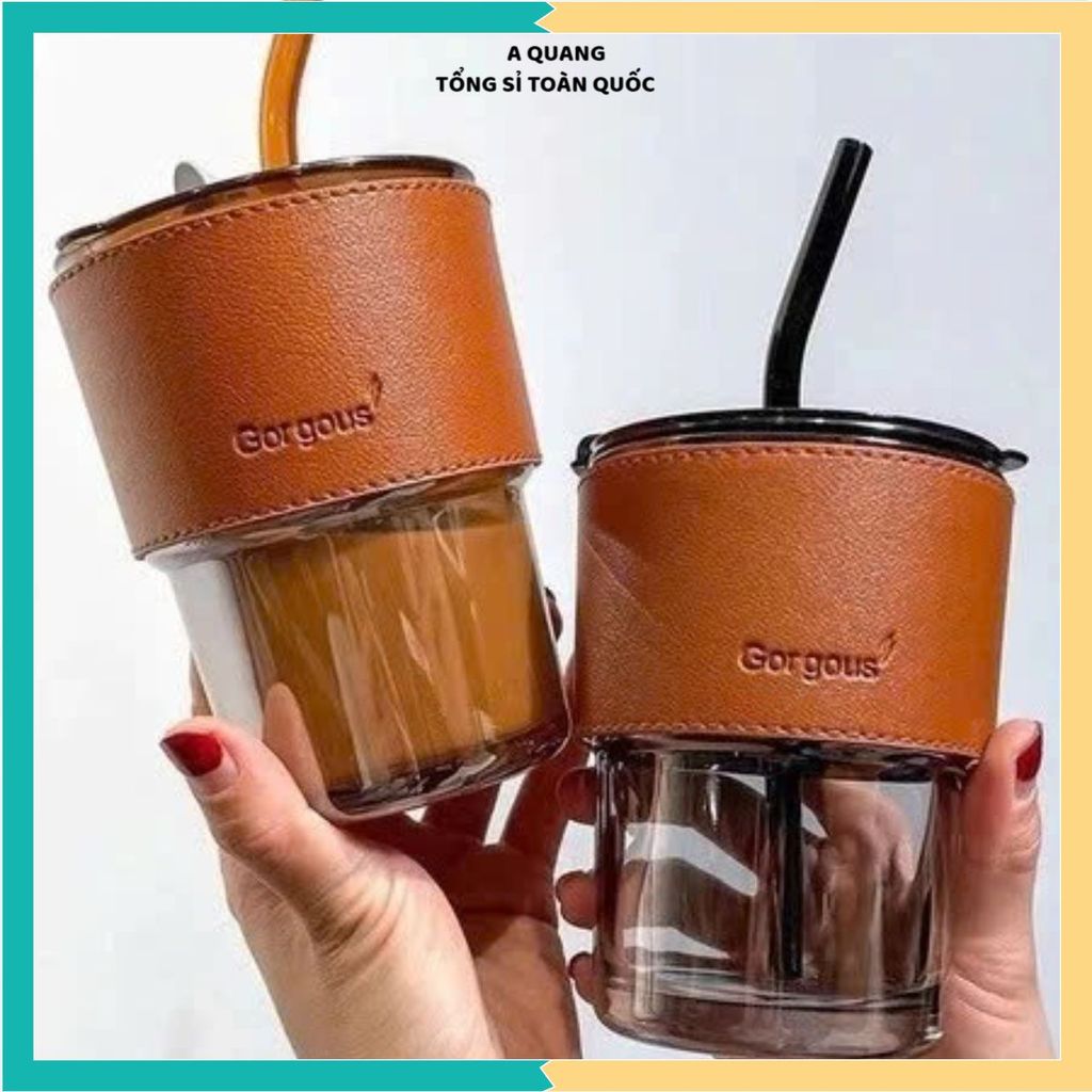 (COMBO 5) CỐC THỦY TINH BAO DA NÂU CAO CẤP - Ly Bọc Da Uống Nước Có Nắp Ống Hút,Ly Cafe Pha Sữa Thủy Tinh Chống Nóng