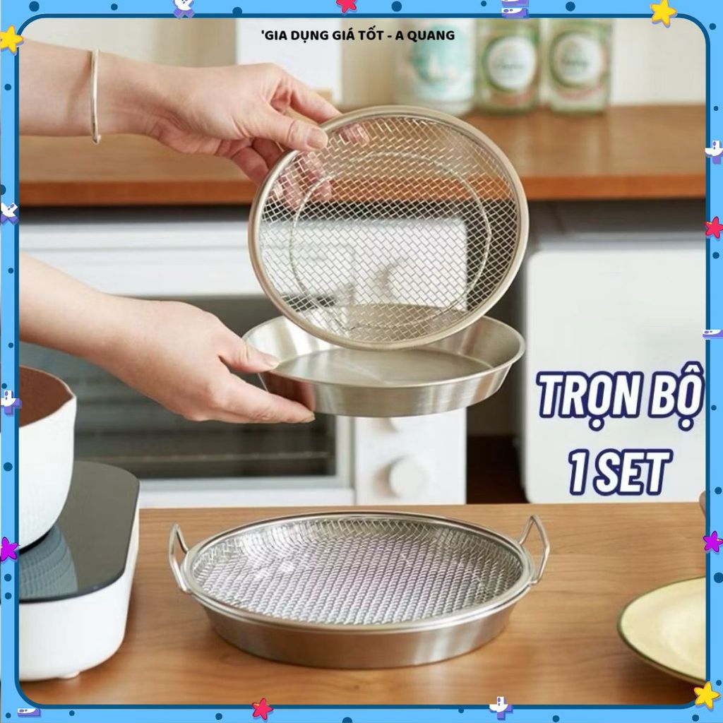 Set Khay Kèm Đĩa, Vỉ Lưới Lọc Dầu Chất Liệu INOX 304 Cao Cấp, ĐỰNG RÁO DẦU THỨC ĂN CHIÊN RÁN LỌC DẦU TIỆN DỤNG