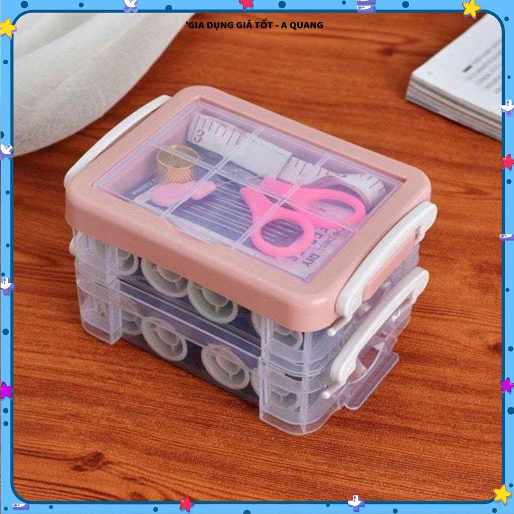 Bộ Hộp Kim Chỉ May Vá Đa Năng Gia Đình 2 Tầng – 12 CUỘN CHỈ MINI NHIỀU MÀU, ĐẦY ĐỦ KIM KÉO THƯỚC DÂY