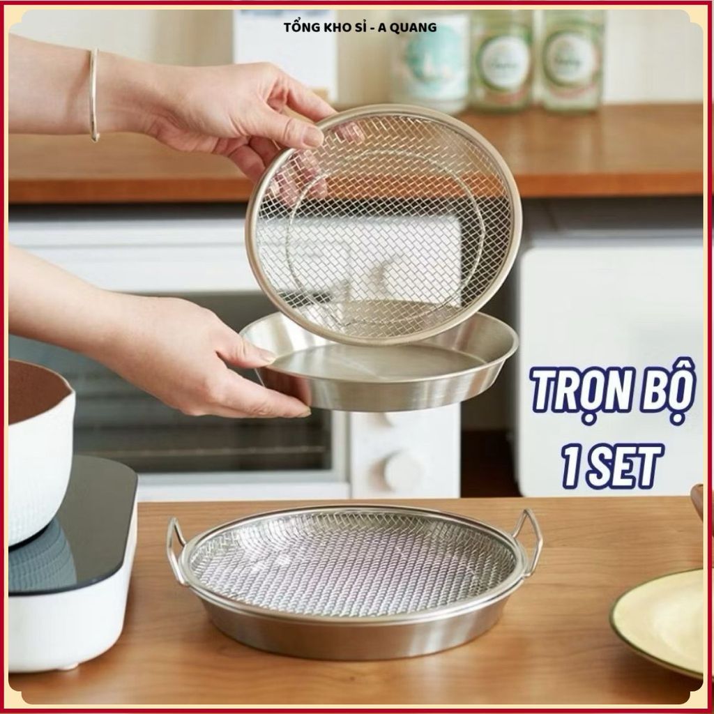 Set Khay Kèm Đĩa, Vỉ Lưới Lọc Dầu Chất Liệu INOX 304 Cao Cấp, ĐỰNG RÁO DẦU THỨC ĂN CHIÊN RÁN LỌC DẦU TIỆN DỤNG