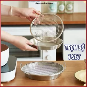 Set Khay Kèm Đĩa, Vỉ Lưới Lọc Dầu Chất Liệu INOX 304 Cao Cấp, ĐỰNG RÁO DẦU THỨC ĂN CHIÊN RÁN LỌC DẦU TIỆN DỤNG