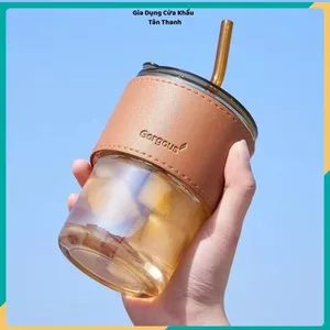 CỐC GIỮ NHIỆT THỦY TINH TẶNG KÈM BAO DA ỐNG HÚT - Ly Thủy Tinh Có Nắp Cao Cấp, Bình Nước Mang Theo Tiện Lợi