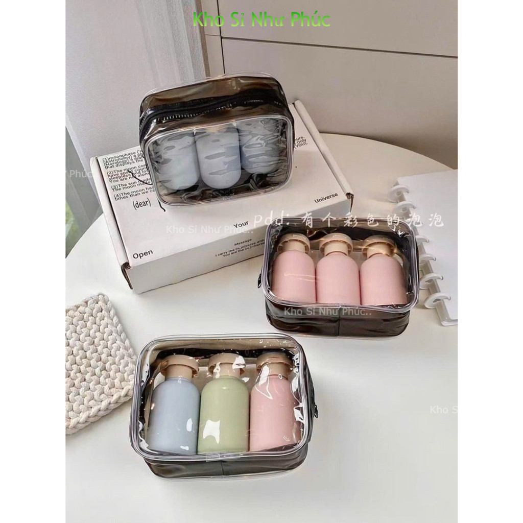 SÉT 3 LỌ CHIẾT MỸ PHẨM 100ml KÈM TÚI ĐỰNG - Bình Chiết Dầu Gội, Sữa Tắm, Kem Dưỡng Tiện Lợi Chống Rò Rỉ