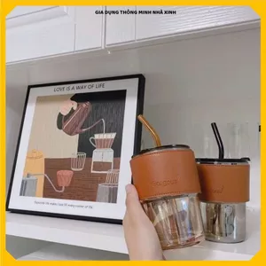 CỐC THỦY TINH BỌC DA TẶNG KÈM ỐNG HÚT - Ly Giữ Nhiệt Có Quai Cầm Chắc Chắn,Thiết Kế Sang Trọng Cho Dân Văn Phòng