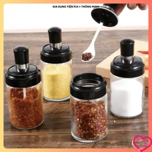 HŨ THỦY TINH ĐỰNG GIA VỊ 250ML TIỆN LỢI, Có Thìa Kèm Theo, Nắp Kín Chống Ẩm Hiệu Quả