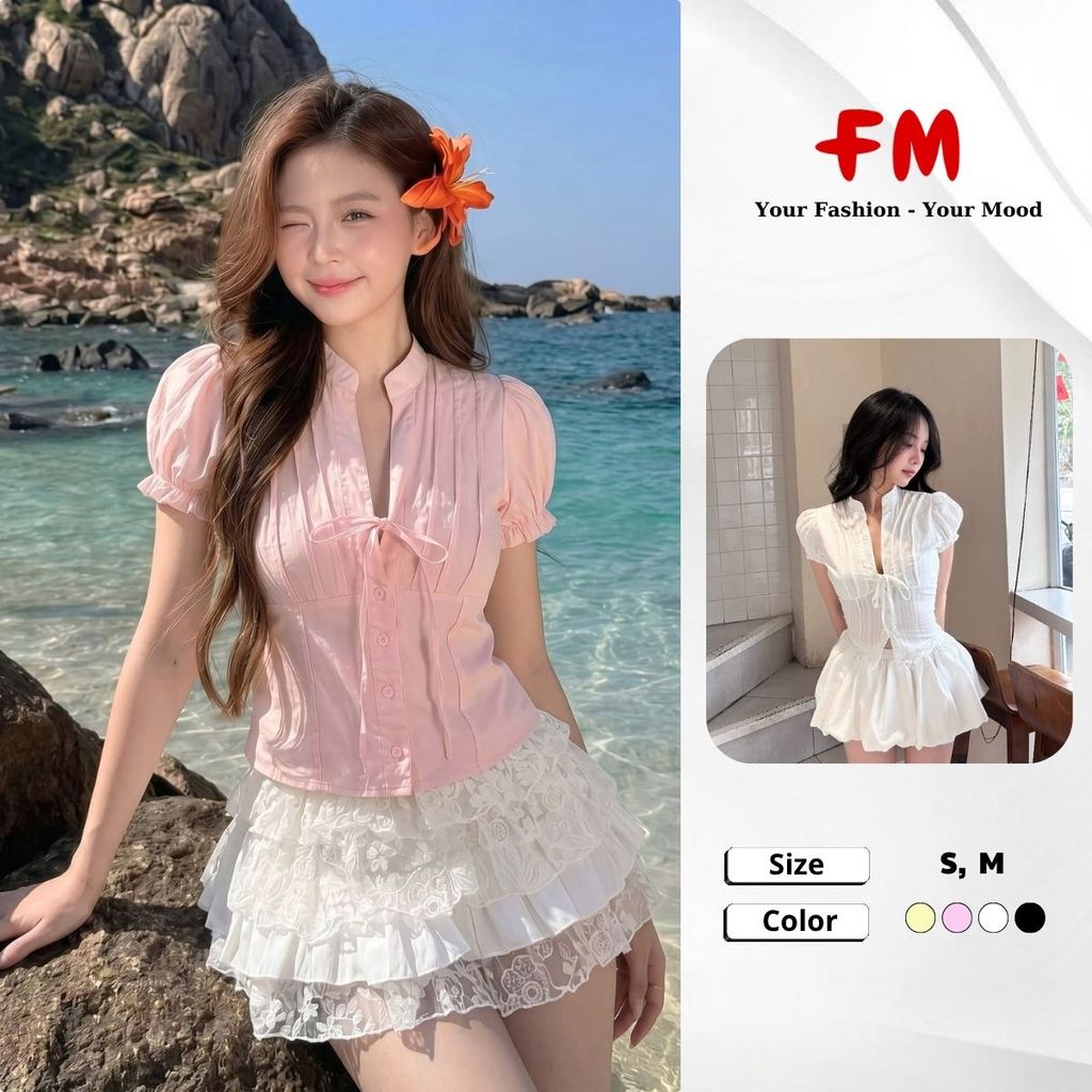 Áo Kiểu Nữ Cổ V Thắt Nơ FMSTYLE Tay Phồng Lai Ren Hot Trend 26060211