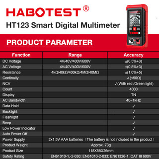 D Đồng Hồ Vạn Năng Kỹ Thuật Số 600V HABOTEST HT123 Phát Hiện Điện Áp AC DC Bảo Hành 1 Năm