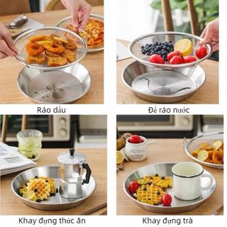 KHAY INOX 304 KÈM VỈ LƯỚI LỌC DẦU 22CM - Dùng Chiên Hấp Tiện Lợi Cao Cấp