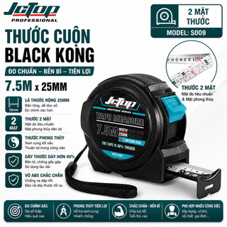 Thước Cuộn Lỗ Ban 2 Mặt JCTOP Black Kong S009 5M/7M 25MM, Lá Thước Dày Hơn 40%, Khóa Hãm Chắc Chắn