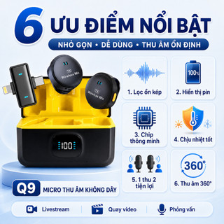 (BÁN RẺ LẤY LƯỢT BÁN) Mic thu âm không dây Q9 1 thu 2 Core X, cài áo nam châm, lọc ồn, quay video livestream
