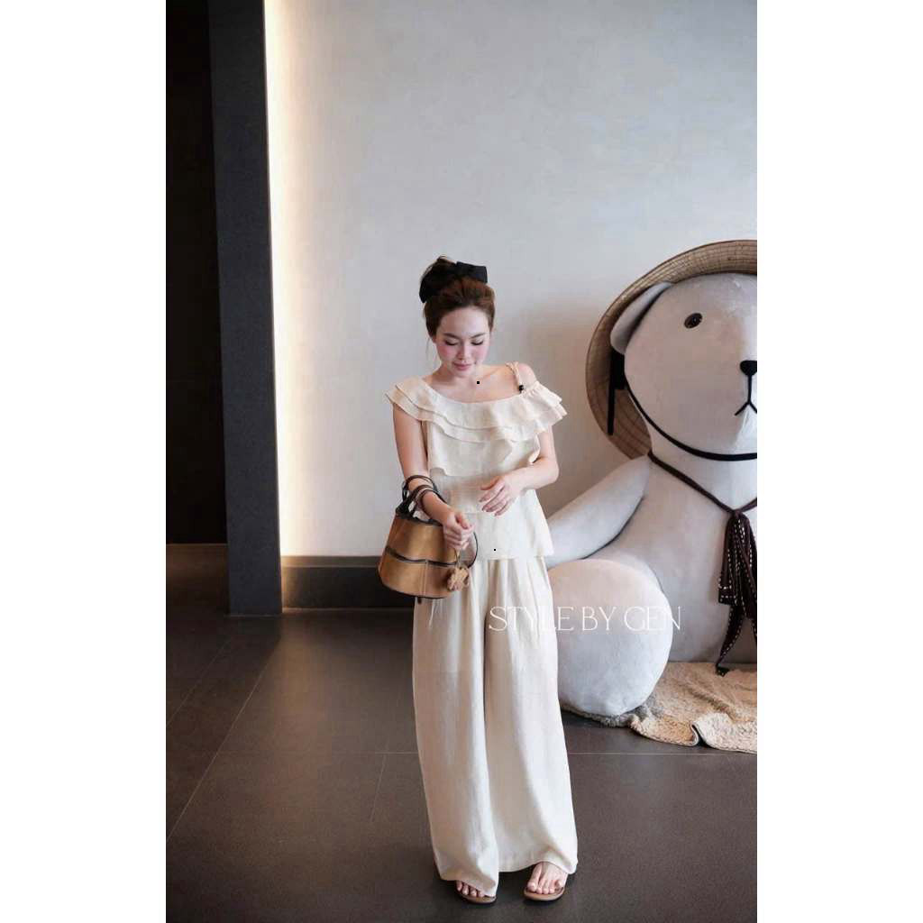 Set đồ nữ,Áo nữ chất đũi thiết kế áo lệch vai tầng kèm quần dài suông hot trend tôn dáng HCOM27621