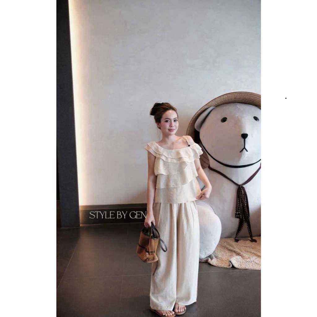 Set đồ nữ,Áo nữ chất đũi thiết kế áo lệch vai tầng kèm quần dài suông hot trend tôn dáng HCOM27621