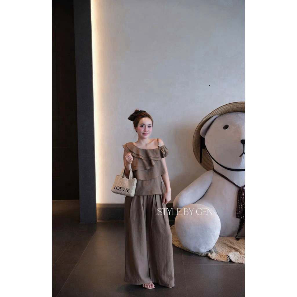 Set đồ nữ,Áo nữ chất đũi thiết kế áo lệch vai tầng kèm quần dài suông hot trend tôn dáng HCOM27621
