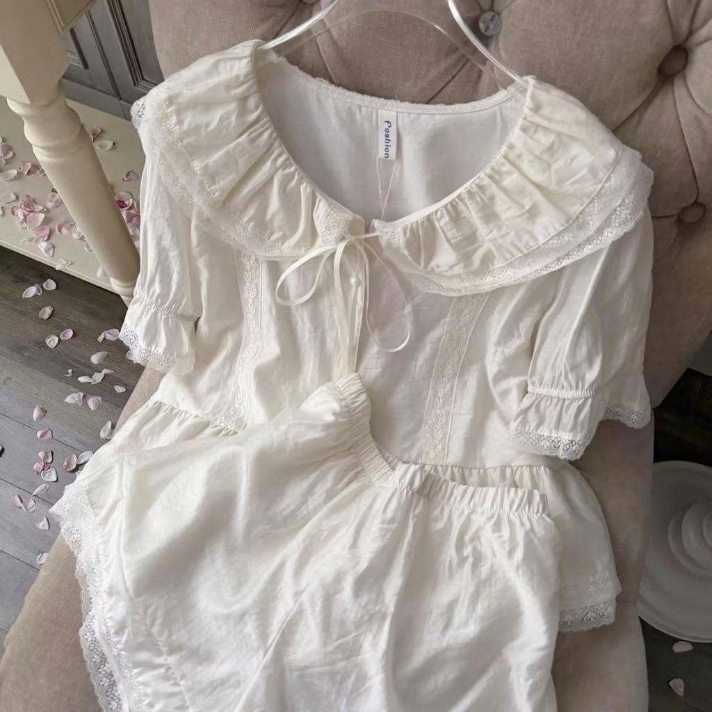 Set đồ nữ Áo tay ngắn cổ sen,set đồ babydoll phối viền ren cúc giữa dáng xòe tầng tiểu thư HCOM27575