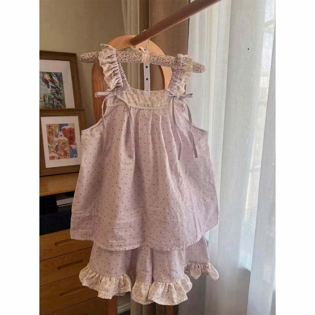 Set đồ mặc nhà nữ chất thun mát, Bộ pijama hai dây dáng xòe tiểu thư phong cách đáng yêu HCOM27628
