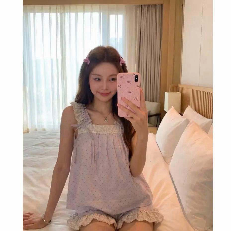 Set đồ mặc nhà nữ chất thun mát, Bộ pijama hai dây dáng xòe tiểu thư phong cách đáng yêu HCOM27628