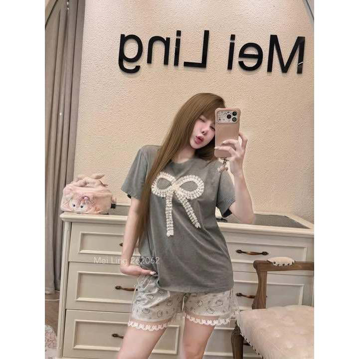 Bộ đồ nữ dễ thương,Áo thun cotton phối nơ ren mix quần đùi kiểu dáng trẻ trung thoải mái  HCOM27576
