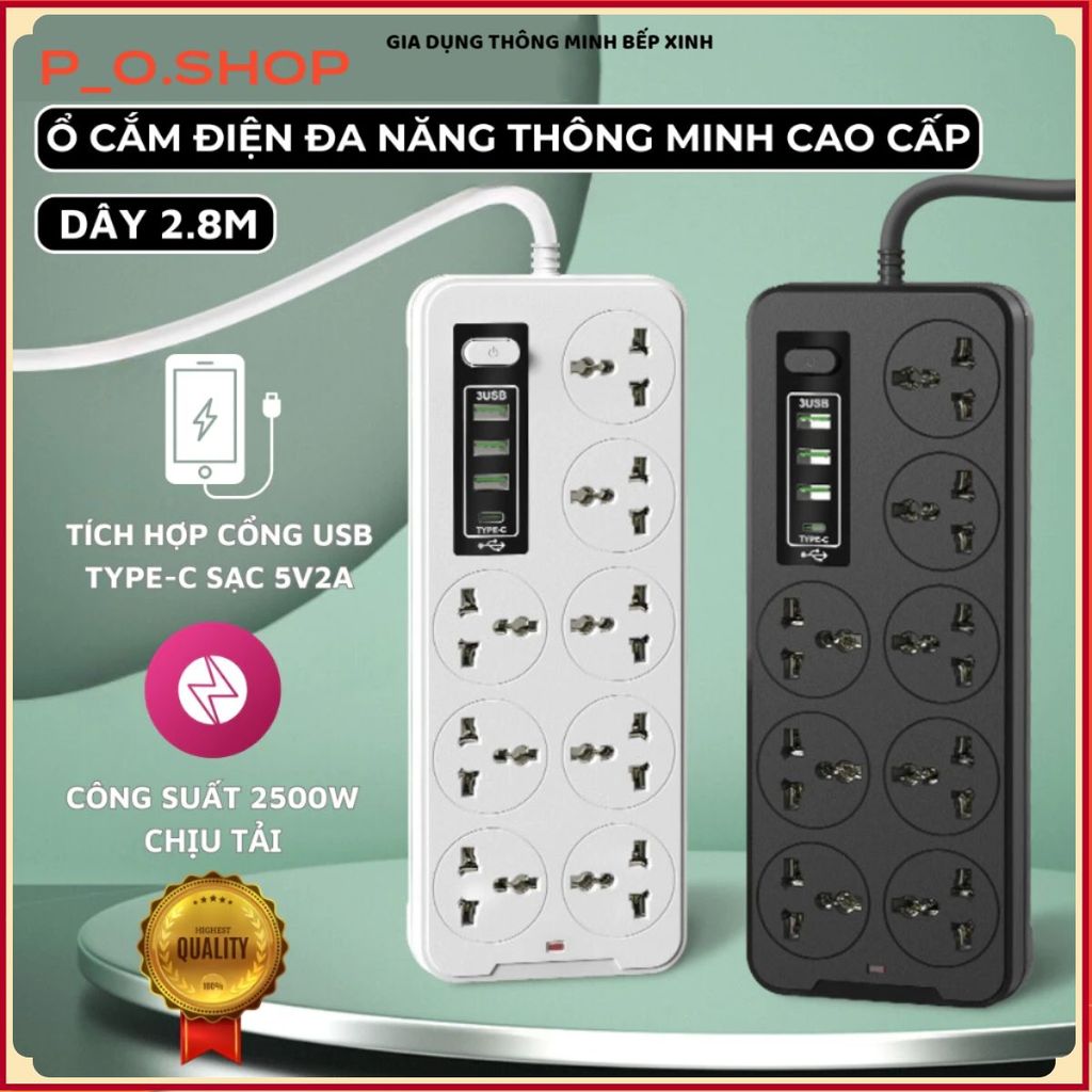 Ổ CẮM NHIỀU CỔNG 8 JACK ĐIỆN KÈM 3 USB, DÂY DÀI 2M, CHỊU TẢI TỐT, SẠC NHANH, Chịu Tải 2500w An Toàn Chịu Nhiệt Dây 2,8M