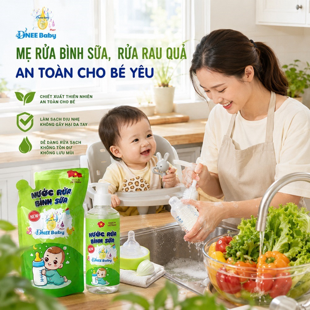 Nước Rửa Bình Sữa Dnee Baby 500ml Chính Hãng Rửa An Toàn Chắc chắn an toàn cho sữa bột bé sơ sinh khi dùng
