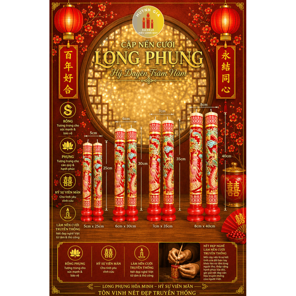Nến Cưới RỒNG PHỤNG Cao Cấp | Đèn Cầy Cưới Long Phụng | Lễ Gia Tiên - Ăn Hỏi - Huỳnh Gia Candle