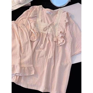 Bộ đồ ngủ kiểu vải dệt hoa giả cotton mùa hè, tay ngắn quần đùi, phong cách công chúa, bộ đồ mặc nhà cho nữ