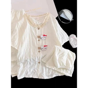 Bộ đồ ngủ cotton họa tiết mây mùa hè cho nữ, ngoại thương xuyên biên giới; áo tay ngắn, quần đùi và quần dài