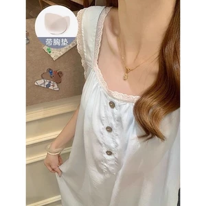 Váy Ngủ Có Đệm Ngực Mùa Hè Cho Nữ Áo Hai Dây Cotton Mây Ngọt Ngào Bộ Đồ Mẫu Mới Đồ Mặc Nhà Ren Ngọt Ngào Mùa Hè