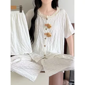 Bộ đồ ngủ cotton họa tiết mây mùa hè cho nữ áo tay ngắn, quần đùi và quần dài bộ đồ nữ