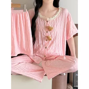 \ Pyjama Nữ Ngắn Tay Quần Short Quần Dài Yunduo Cotton Ren Cổ Áo Mặc Nhà Bộ Đồ Nữ