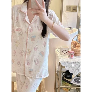 Pyjama Nữ Ngắn Tay Quần Dài Quần Yunduo Cotton Ve Áo Mặc Nhà Rộng Rãi Bộ Đồ Nữ