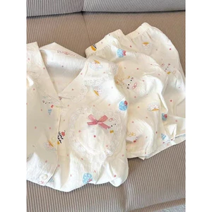 Bộ đồ ngủ có đệm ngực cho nữ;cộc tay bằng cotton, mặc ở nhà, được giới trẻ yêu thích mùa hè