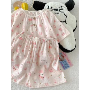 Bộ đồ ngủ vải cotton mây bộ đồ mặc nhà mùa hè họa tiết hoạt hình cổ tròn tay ngắn, gồm áo tay ngắn và quần đùi