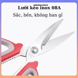 KÉO CẮT THỰC PHẨM INOX CAO CẤP - Cán Nhựa Màu Đỏ, Kéo Nhà Bếp Đa Năng