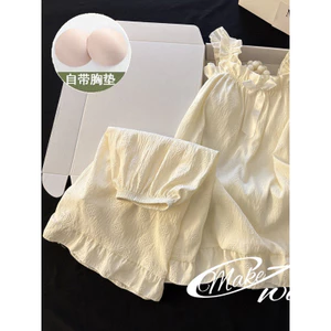 Bộ Đồ Ngủ Hai Dây, Bộ Đệm Ngực Cho Nữ, Bộ Đồ Mặc Nhà Jacquard Phong Cách Tinh Khiết Ren Màu Bông Mây Mới Năm 2025