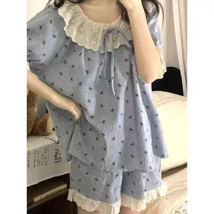Đồ Ngủ Nữ Mùa Hè Năm 2025 Mẫu Mới Mây Bông Phong Cách Hàn Quốc Ren Nơ Ngắn Tay Quần Short Nữ Mặc Nhà