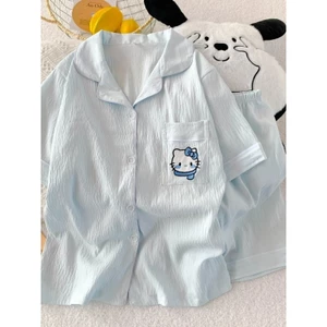 Đồ Ngủ Cardigan Nữ Mùa Hè Năm 2025 Mẫu Mới Đám Mây Bông Ngọt Ngào Đồ Ngủ Thiếu Nữ Ngắn Tay Quần Short Cổ Lật Đồ Mặc Nhà
